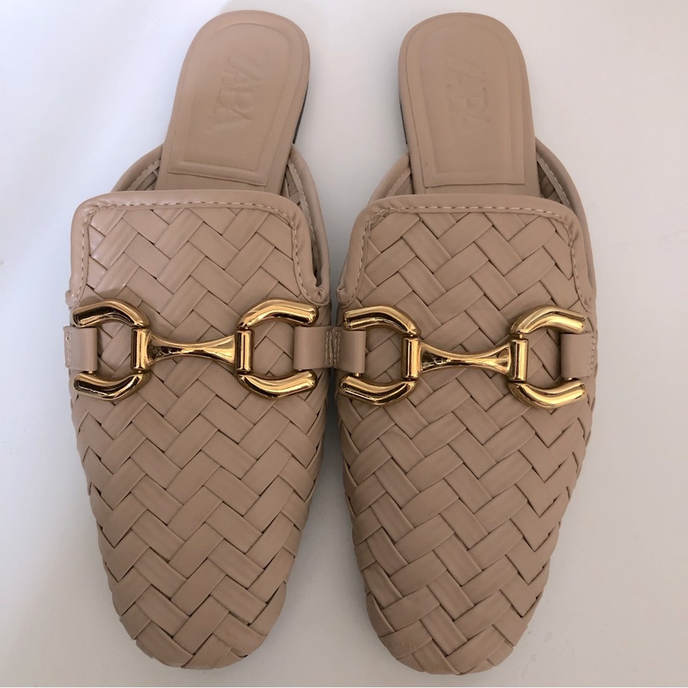Zara Gold Horsebit Slide Woven Vegan Leather Mule Beige